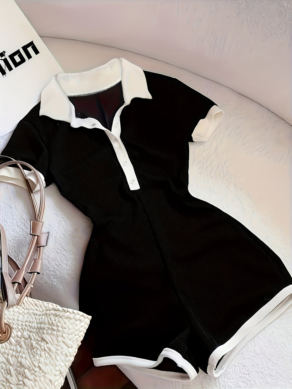 Women's Color Block Bodysuit Y2K Lapel Collar Casual Stretch Fitted One-Piece Top Black XS S M L XL XXL