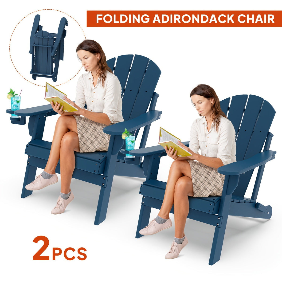 Folding Adirondack Chair with Cup Holder Portable Recliner Stainless Steel Frame Durable Plastic Easy Clean for Patio Poolside Garden Camping Set of 1 2 4 6