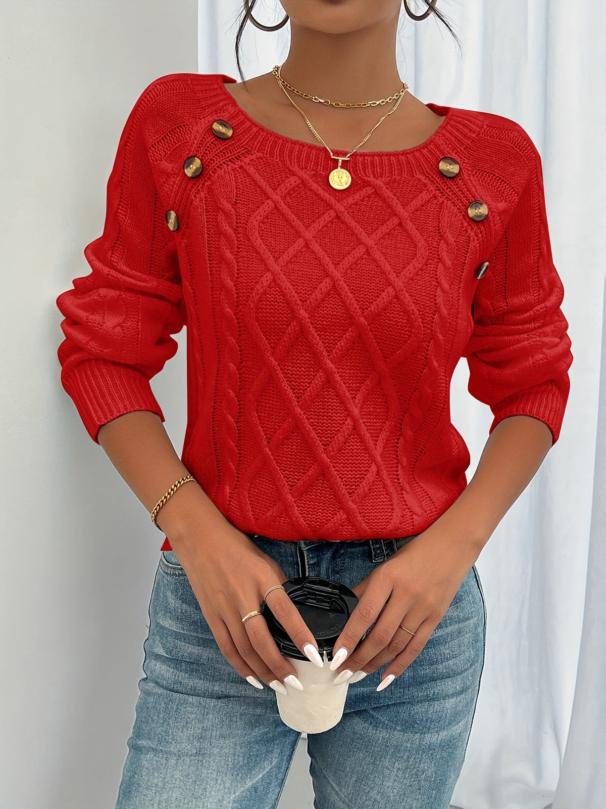 Women's Round Neck Lantern Sleeve Textured Button Knit Pullover Sweater for Fall and Winter, Available in Sizes S-XXL and Multiple Colors