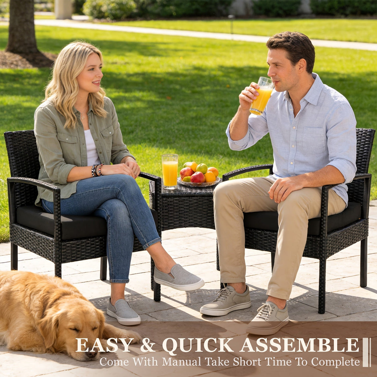 3-Piece Outdoor Patio Wicker Rattan Furniture Set, 2 Bistro Conversation Chairs & Side Table, Weather-Resistant, Ergonomic Design, for Garden, Balcony, Patio, Deck & Yard