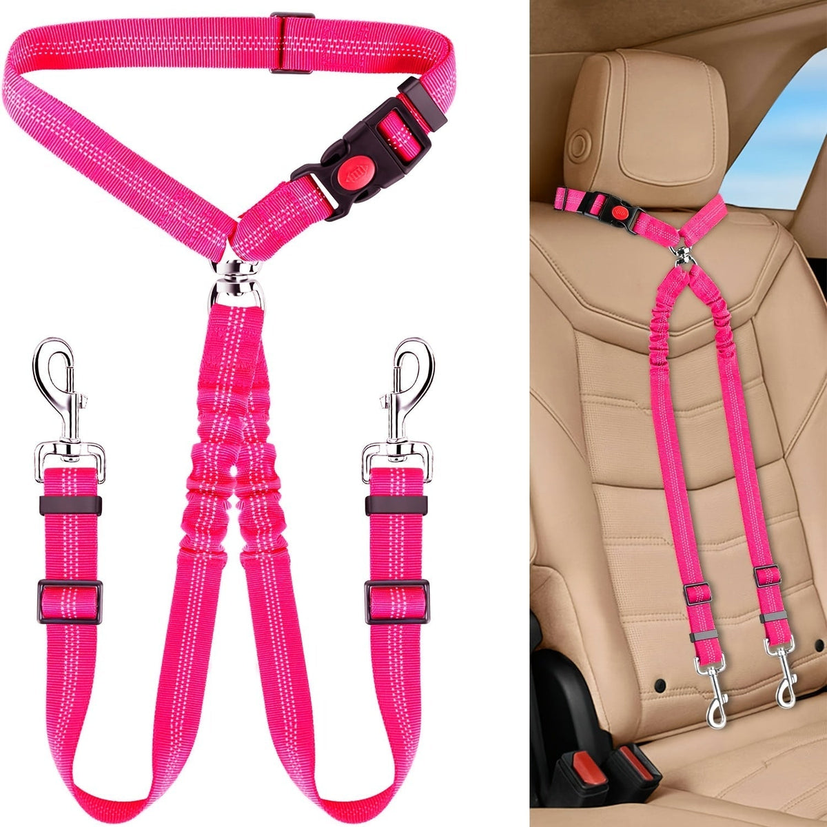 Dual Dog Car Seat Belt for 2 Dogs, No-Tangle Headrest Restraint, Adjustable Bungee Pet Safety Harness for Small, Medium, and Large Dogs for Car Travel