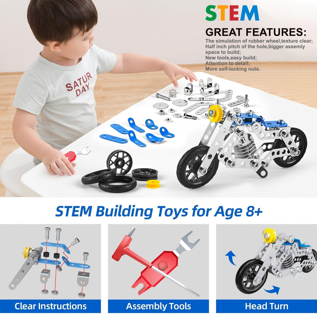 Metal Erector Set Motorcycle STEM Building Kit, 139 Pieces for Kids Age 8+, 5-in-1 Multi-Shape Motorbike Construction Model Toy, STEAM Educational Engineering Gift for Boys Girls Teens
