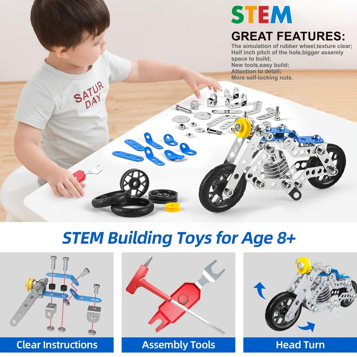 Metal Erector Set Motorcycle STEM Building Kit, 139 Pieces for Kids Age 8+, 5-in-1 Multi-Shape Motorbike Construction Model Toy, STEAM Educational Engineering Gift for Boys Girls Teens