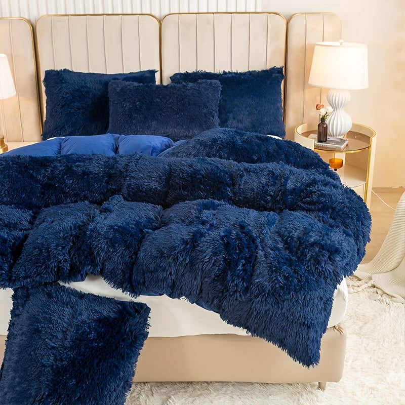 Plush Duvet Cover Set 3 Piece, Long Hair Knitted Polyester, Solid Color Fuzzy Comforter Cover with Zipper Closure, All-Season Soft Cozy Bedding Set for Bedroom, Multiple Colors Available