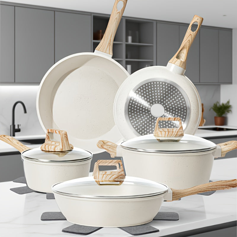 Nonstick Cookware Set 12-Piece – Pots and Pans with Wooden Handle Induction Compatible for Home Kitchen Camping RV & Travel in Black & White