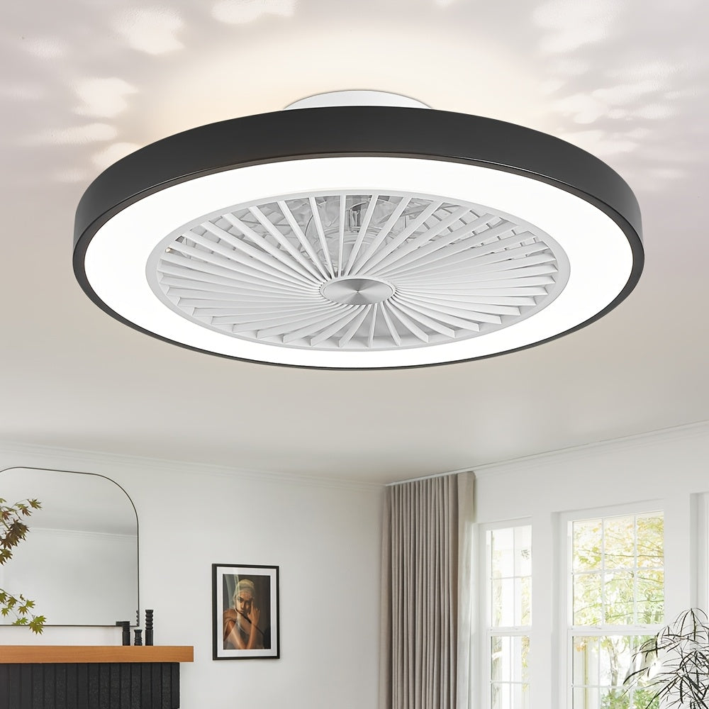 20" Bladeless Ceiling Fan with Light – Dimmable LED Flush Mount Hidden Reversible Blades 3 Color Temperatures 4 Speeds 3800LM 48W for Bedroom Restaurant in Black & White
