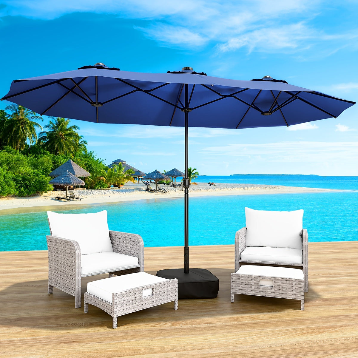 LEVELEVE 15FT Double-Sided Patio Umbrella – 135 Sq Ft Shade, UPF 50+ Waterproof, 40+ MPH Wind Resistant, "5+2+5" Rib Structure, Crank Lift, Cross Base & Weight Bag Included, Blue Red Khaki Lake Blue – Nova Mart