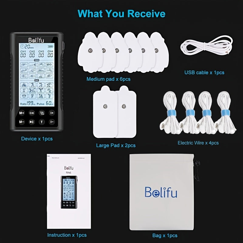 Belifu TENS EMS Muscle Stimulator with 4 Independent Channels - 24 Modes, 30 Intensity Levels, Rechargeable Electric Pulse Massager for Pain Relief - Black & Silver