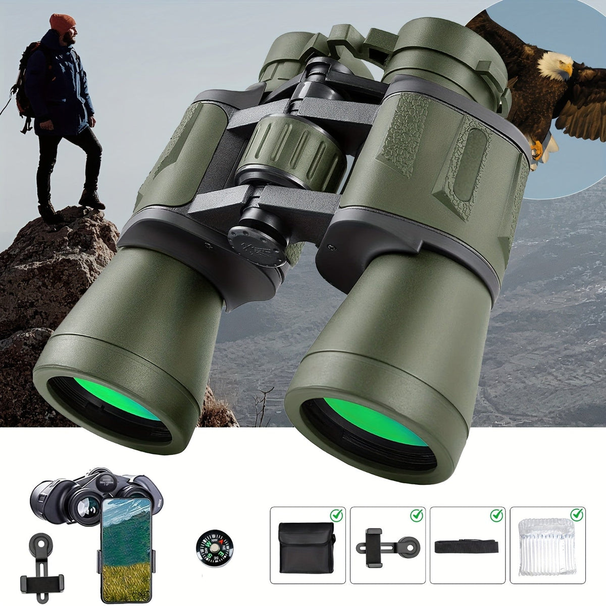 12x42 HD High-Powered Binoculars for Adults with Phone Adapter for Bird Watching, Hunting, Travel, and Concerts, Includes Carry Case, Neck Strap - Mud Black Green