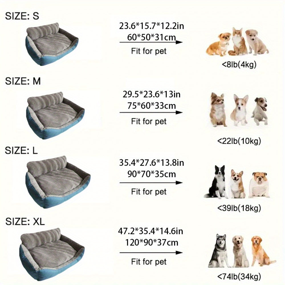 Luxury Plush Pet Sofa Bed with High Backrest – Thick Warm Washable Dog Bed for Large, Medium, and Small Dogs & Cats, All-Season Comfort, Easy-Clean Cover, Sizes S, L, XL, Grey Blue