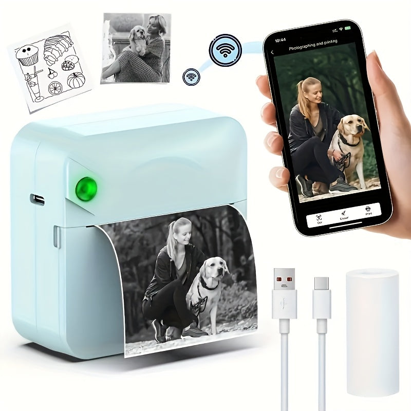 Portable Wireless Bluetooth Thermal Printer, Mini Pocket Printer, Ink-Free for Smartphones, Photos, Notes, Stickers, Diaries, Memos, Includes Thermal Paper Roll