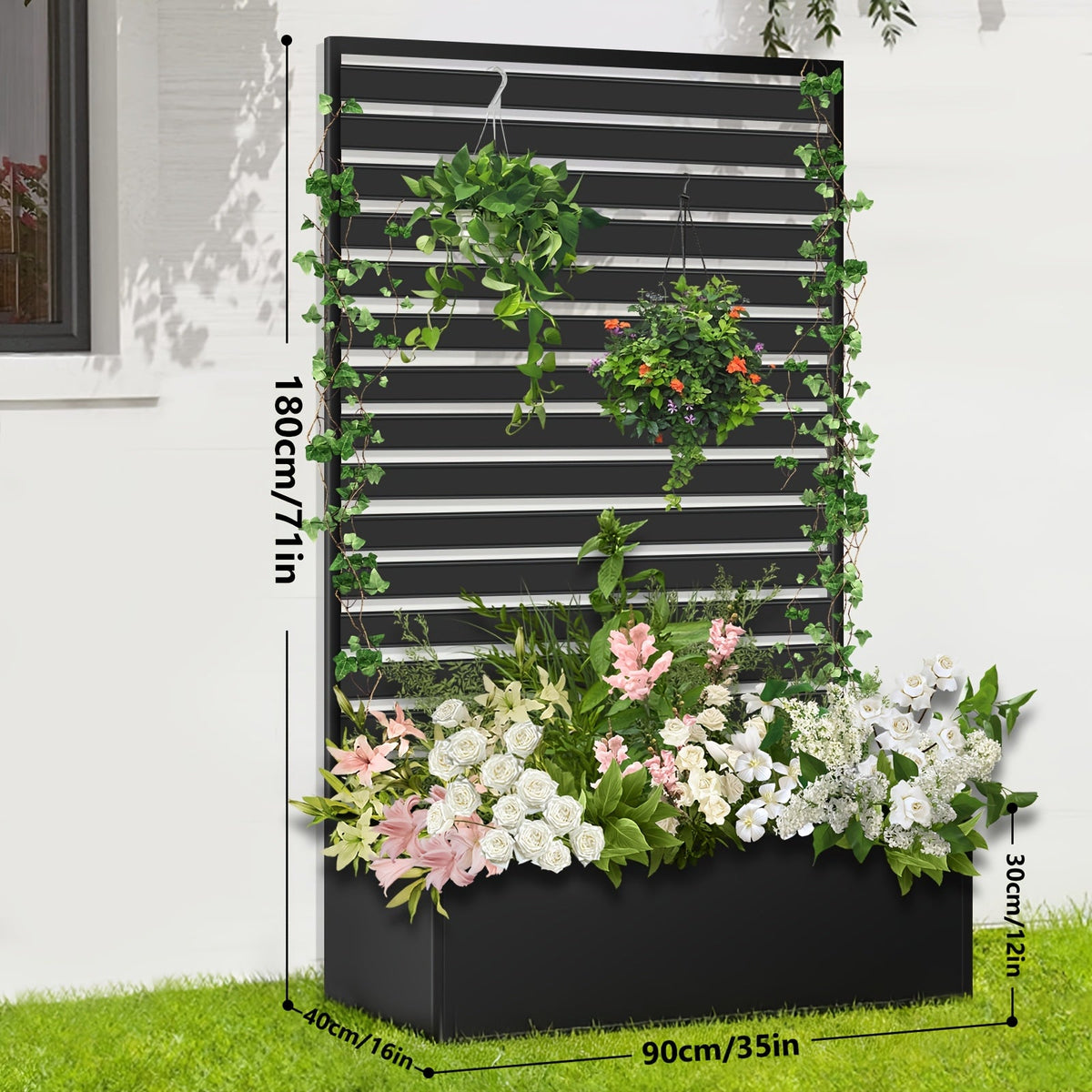 2-in-1 Metal Raised Garden Bed with Trellis & Privacy Screen 35" x 16" x 71" for Climbing Plants Vines & Flowers – Drainage Holes, Outdoor Standing Planter Box, Leaf & Black Finish