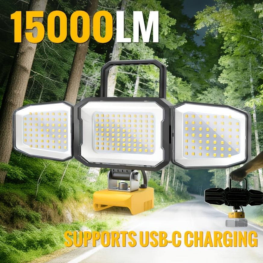Diytoolifz 15000LM 150W LED Work Light - Compatible with DeWalt 20V Battery, 3-Head Adjustable Flood Light, 6500K Daylight, 2 Brightness Modes, USB Fast Charging - Portable Jobsite & Emergency Light - Tool Only (No Battery)