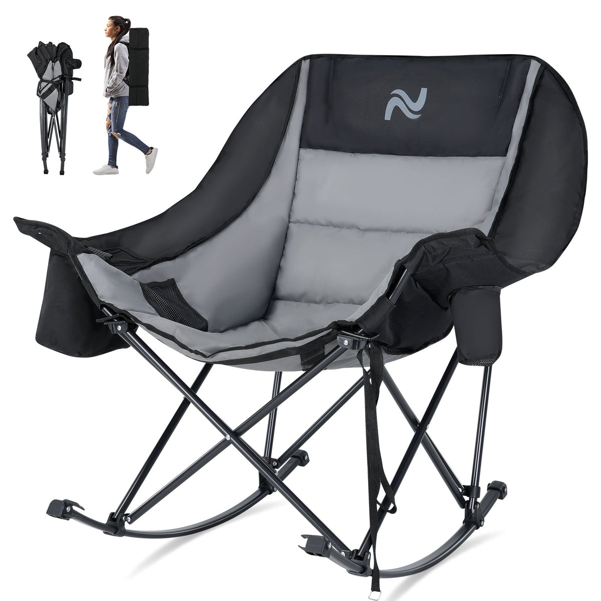 Oversized Rocking Camping Chair – 400 LB Capacity Fully Padded High Back Portable Lawn Recliner with Cooler Bag & Side Pocket for Camp Patio & Outdoor in Black Gray & Blue