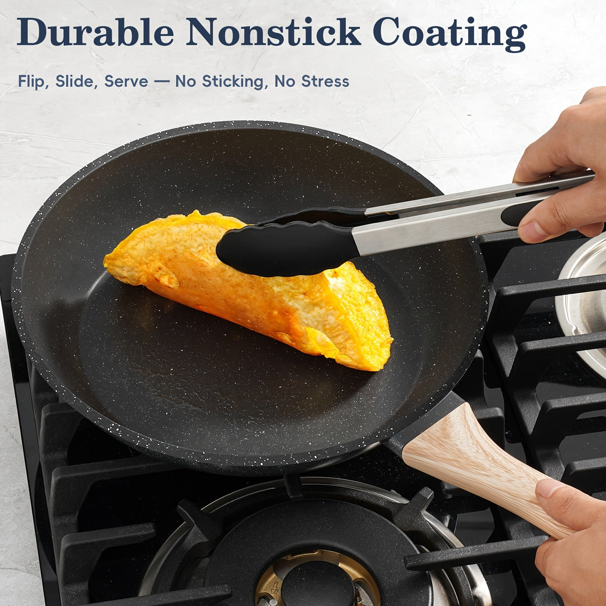 Nonstick Cookware Set 12-Piece – Pots and Pans with Wooden Handle Induction Compatible for Home Kitchen Camping RV & Travel in Black & White