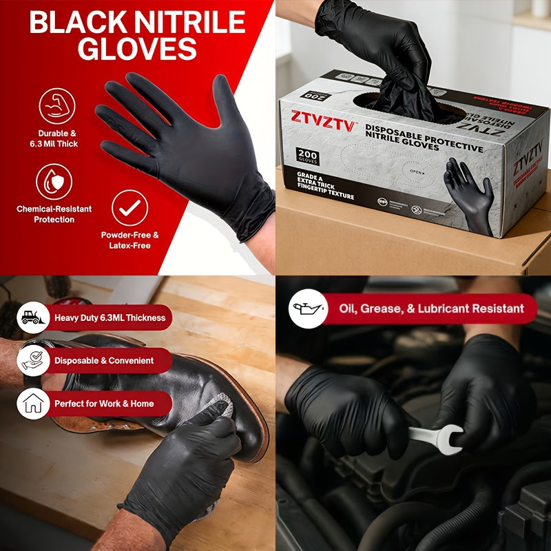 Black Nitrile Disposable Gloves 200 Pack Latex-Free Chemical Resistant High-Density Flexible Fit Industrial Grade for Cleaning, Tattooing, Painting, Car Washing – S M L XL