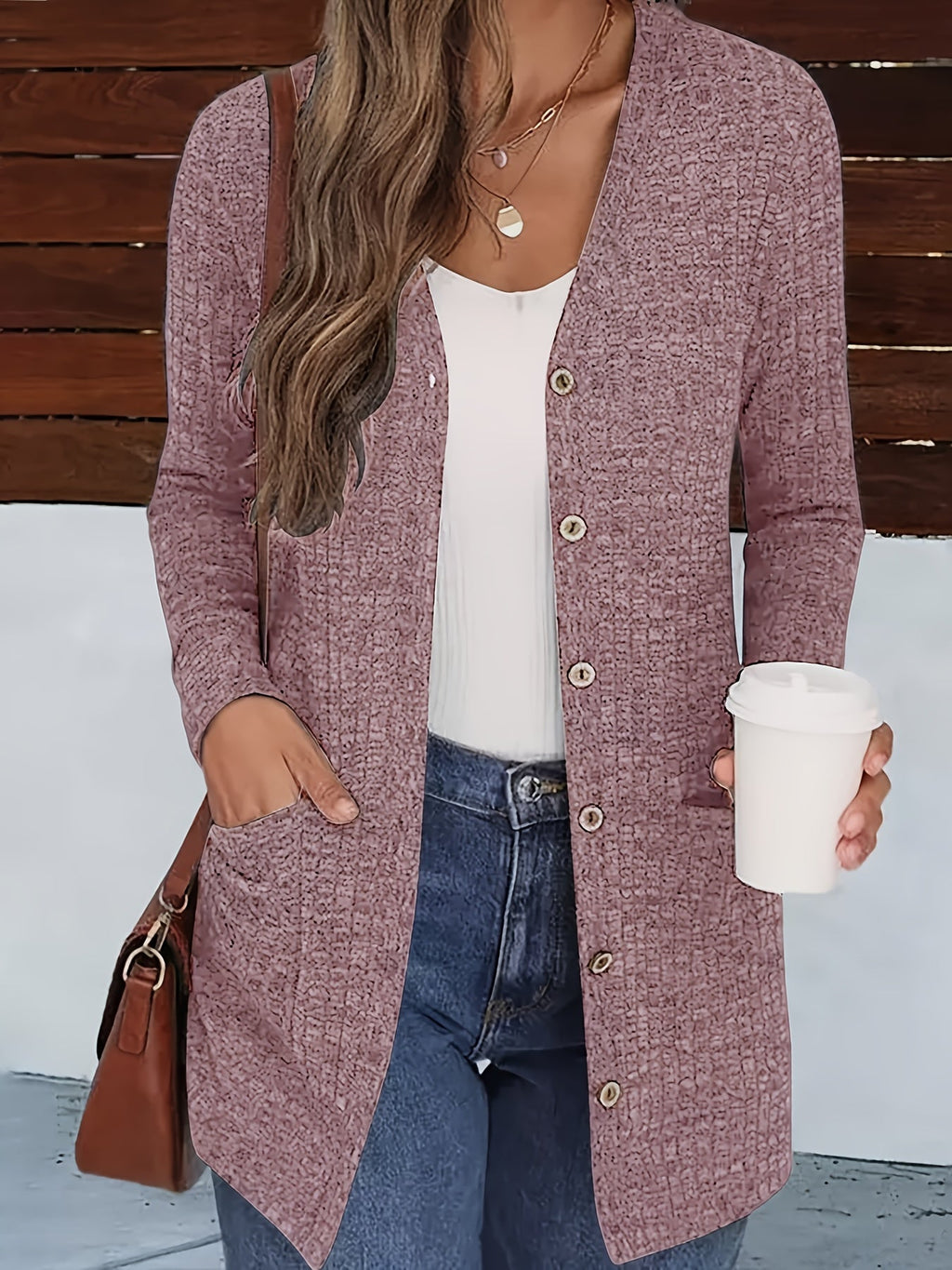 Women's V-Neck Button-Down Knit Cardigan with Pockets, Solid Color Fall Winter Sweater Coat S-XXL