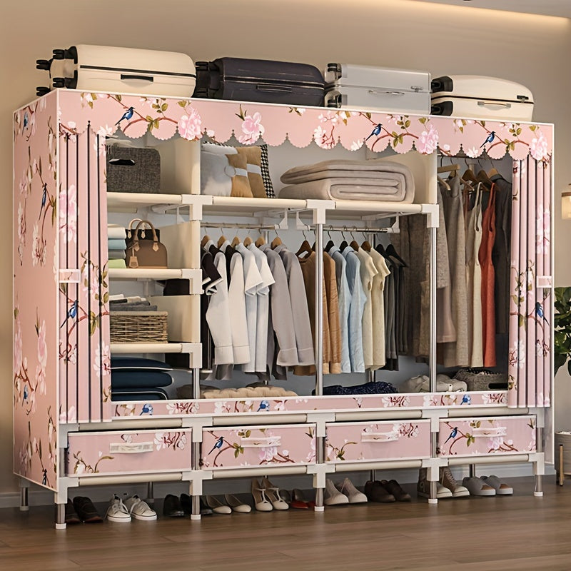 AOSENKO Fabric Wardrobe Closet - Full Steel Frame, 4 Reinforced Hanging Rods, Drawers Included, Easy Assembly - Rental, Dorm & Study Storage - Multiple Sizes & Patterns