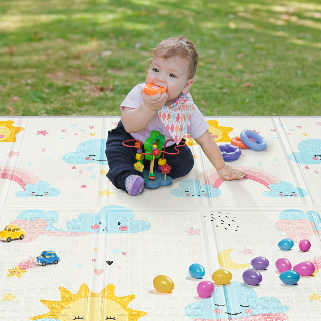 Foldable Safety Foam Baby Play Mat, 50 × 50 × 0.4 Inch Thick Reversible Double-Sided Portable Playpen Floor Mat, Soft Cushioned Baby Activity Mat for Infants & Toddlers, Sun & Planets