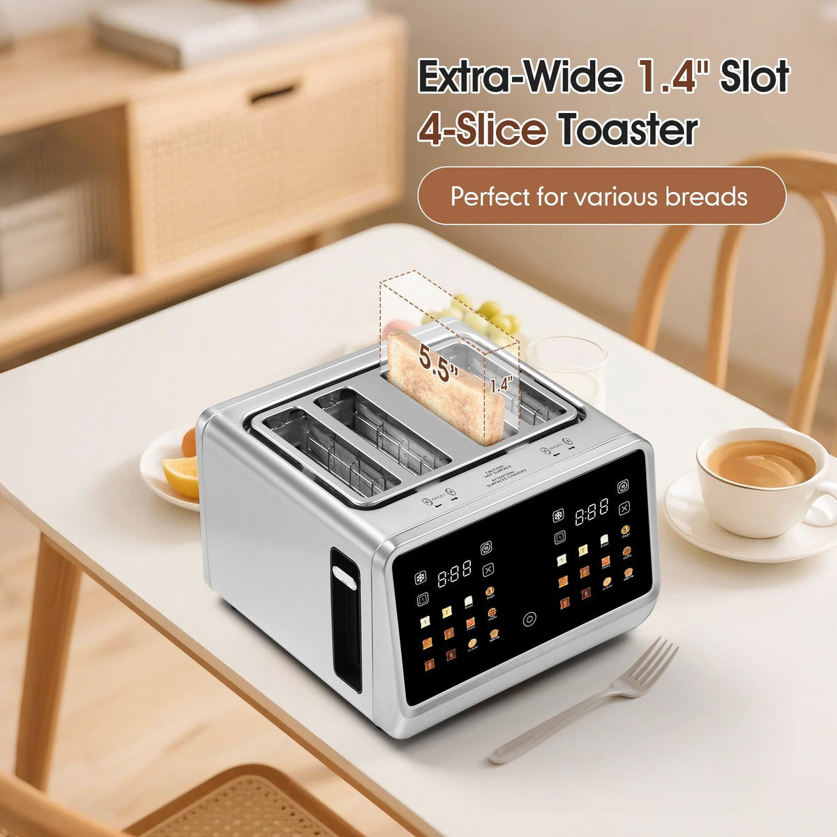 4-Slice Digital Smart Toaster Stainless Steel – Touchscreen Dual Control Panel with Timer Reheat & Defrost for Bagels Bread Waffles