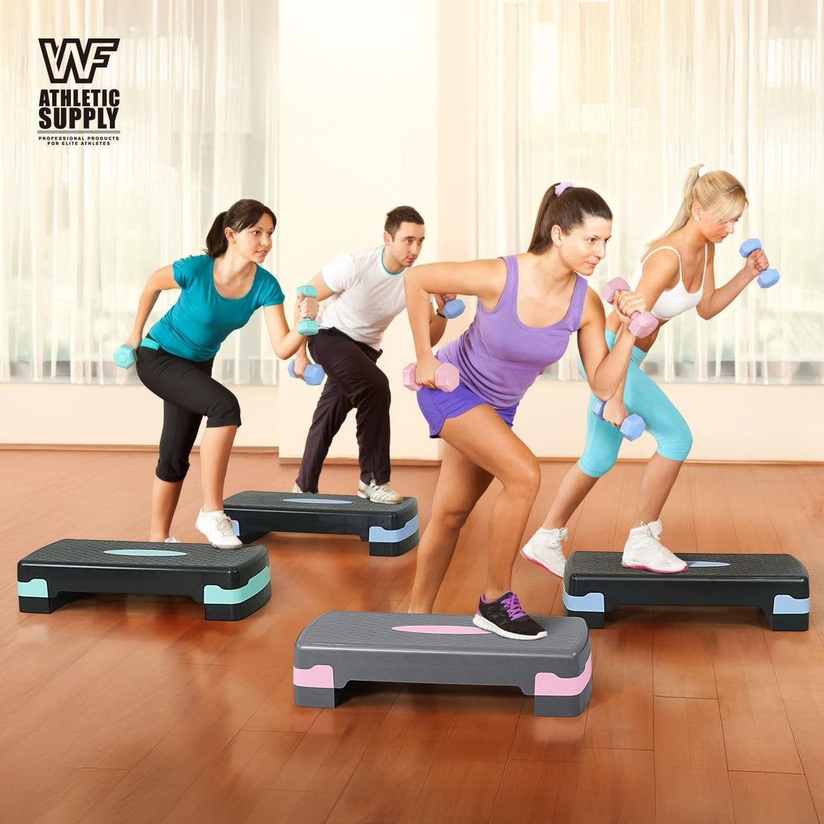 Adjustable Height Aerobic Stepper Set with 2 Dumbbells & Measuring Tape – Home Workout Exercise Step Platform with Risers, Non-Slip, 550 LB Capacity, 3 Colors: Blue, Green, Pink