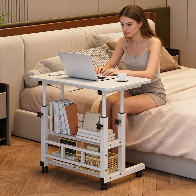 3-Tier Rolling Folding Desk with Wheels, Height-Adjustable and Expandable Desktop, Storage Shelf for Laptop, Study, Home Office, Bedroom, Living Room Computer Table