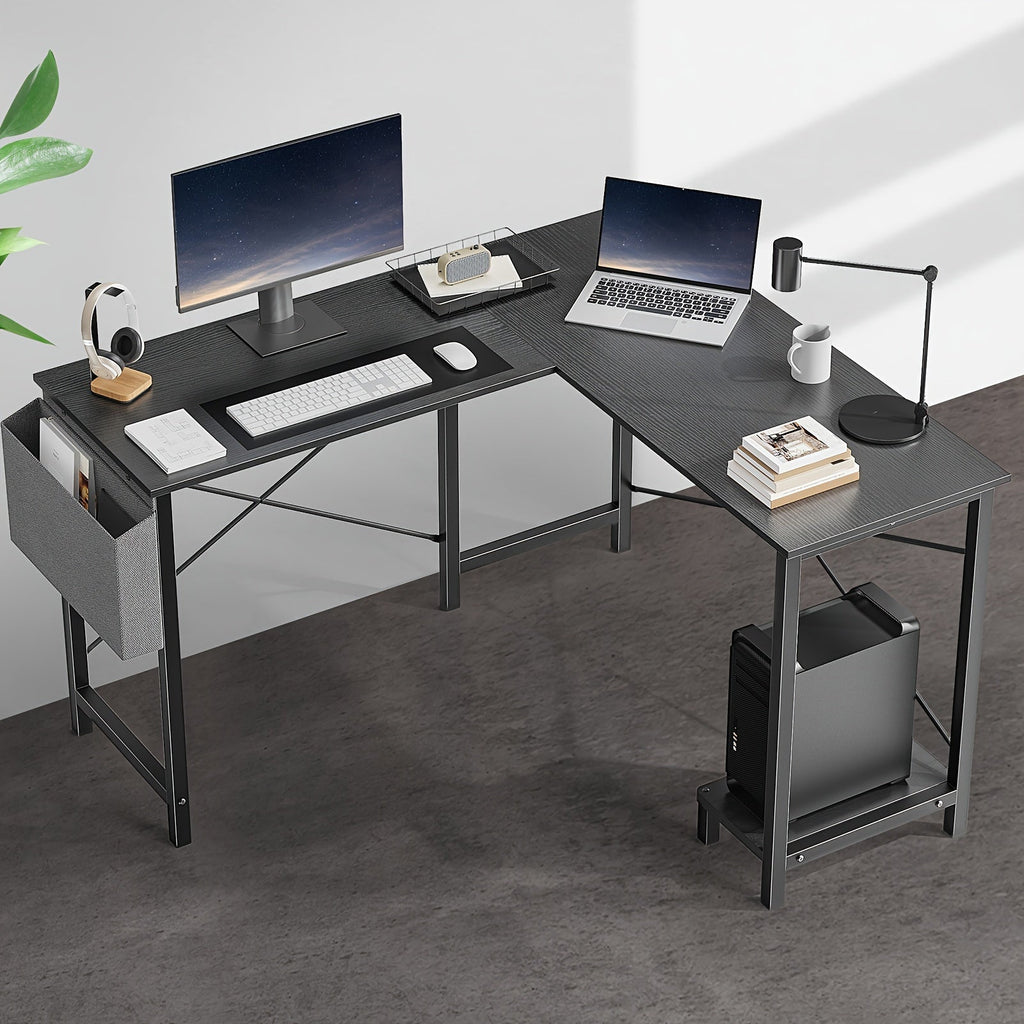 L-Shaped Computer Desk with Storage Bag & Shelves – Reversible Corner Office Table, PC Laptop Workstation for Home Office, Study Room, Space-Saving Writing Desk