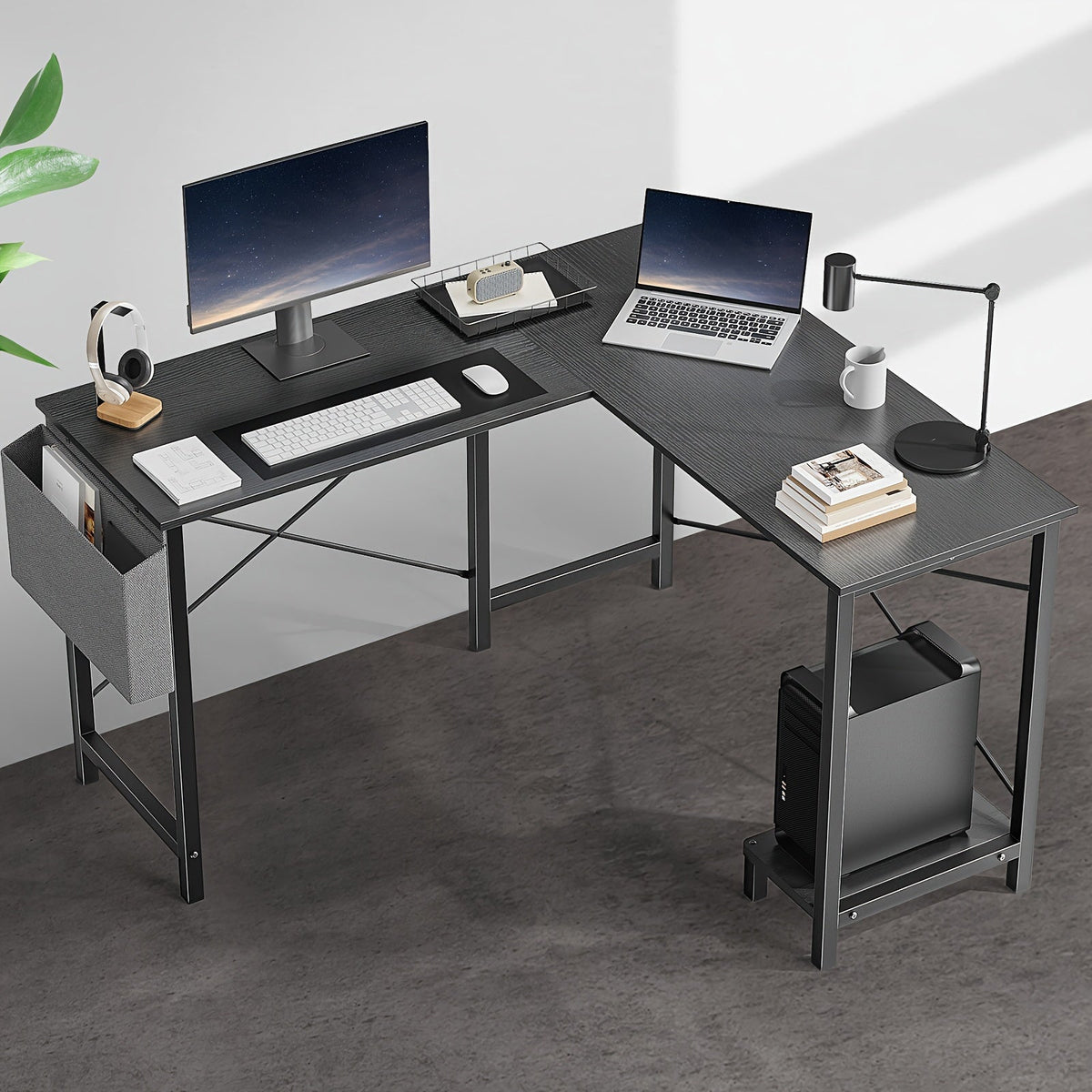 L-Shaped Computer Desk with Storage Bag & Shelves – Reversible Corner Office Table, PC Laptop Workstation for Home Office, Study Room, Space-Saving Writing Desk