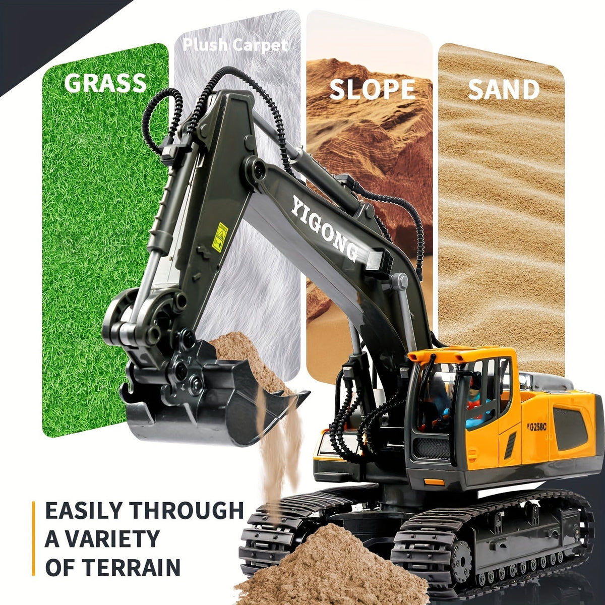 Remote Control Excavator Toy Set with Metal Shovel, LED Lights, 1200mAh Battery, RC Construction Truck, Bulldozer, Dump Truck, and Loader Combo for Boys Ages 6 and Up, Birthday or Christmas Gift