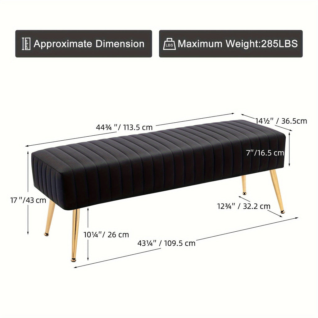 44-Inch Luxury Velvet Shoe Changing Bench with Gold-Plated Legs Entryway Bedroom End Footrest & Step Stool Sturdy Frame Elegant Decor – Black Pink Grey Dark Green