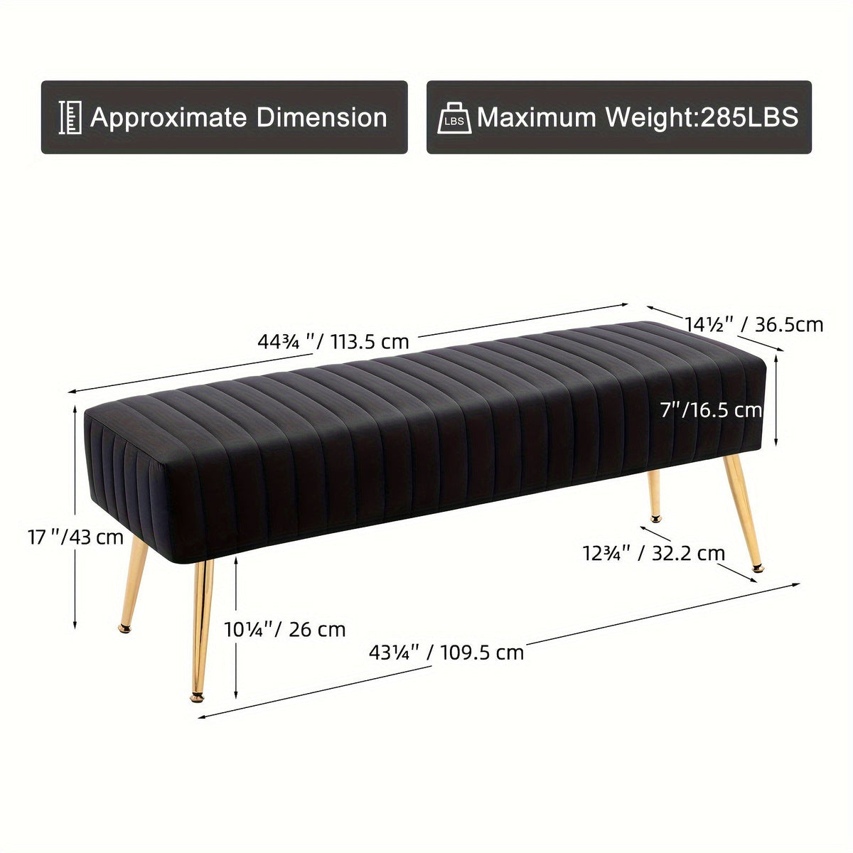 44-Inch Luxury Velvet Shoe Changing Bench with Gold-Plated Legs Entryway Bedroom End Footrest & Step Stool Sturdy Frame Elegant Decor – Black Pink Grey Dark Green