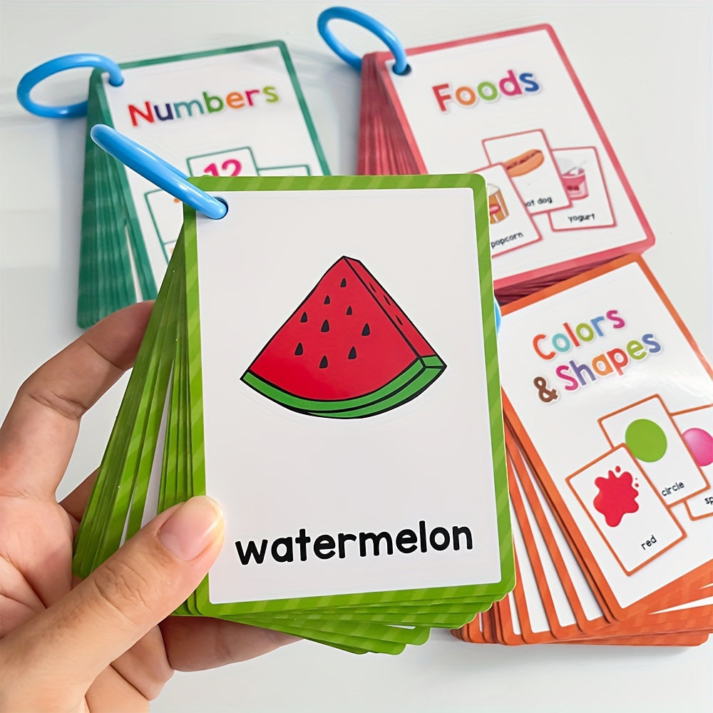 80pcs Educational Flash Cards for Kids: Numbers, Colors, Shapes, Fruits, Vegetables, Food Vocabulary with English Labels & 4 Sorting Rings - Durable Learning Flashcards for Toddlers, Preschool, Kindergarten
