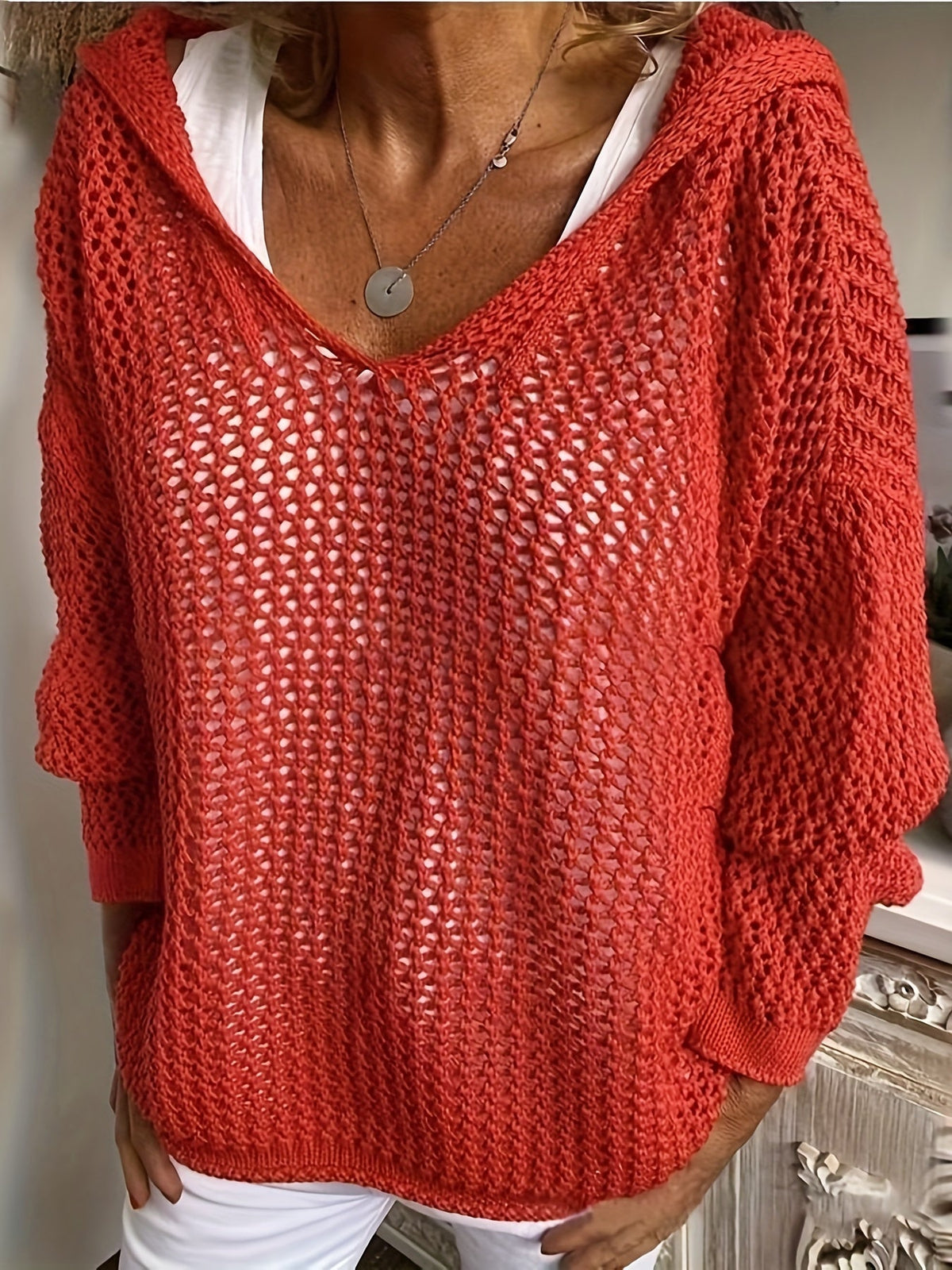 Women's Western Style Loose Hollow-Out Sweater Hoodie - Crochet Knit Pullover Open-Knit Casual Boho Shirt Yellow Green Khaki Red Grey S M L XL XXL Spring Fall