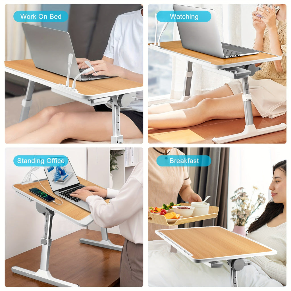 Lap Desk Bed Tray Table with USB Light, Fan & Drawer – Adjustable Portable Laptop Stand for Bed, Couch, Sofa; Laptop Desk for Reading, Writing, Eating – 10 Colors & Sizes