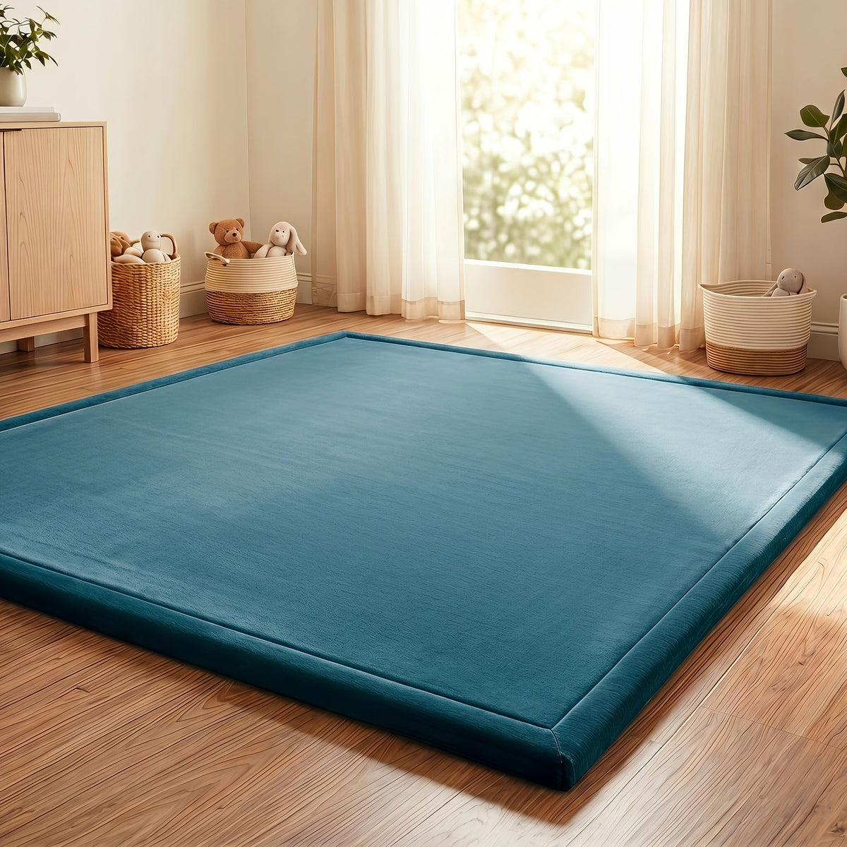 Baby Play Mat 50x50 In 3cm Thick Padded Foam Tatami Crawling Mat for Kids Playroom Playpen Nursery Living Room & Yoga – Coffee Brown & Turquoise