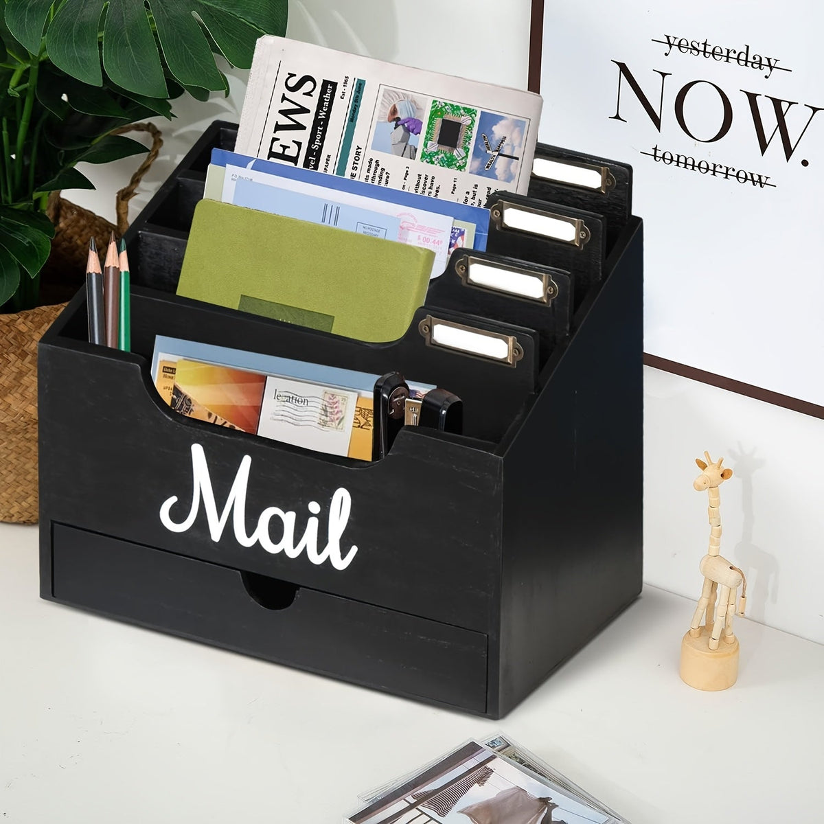 Large Solid Wood Desktop Mail Organizer with Drawer and 4 Compartments, Labelable Dividers for Files, Letters, and Paper Folders, Desk Organizer for Home Office, Students, and Professionals