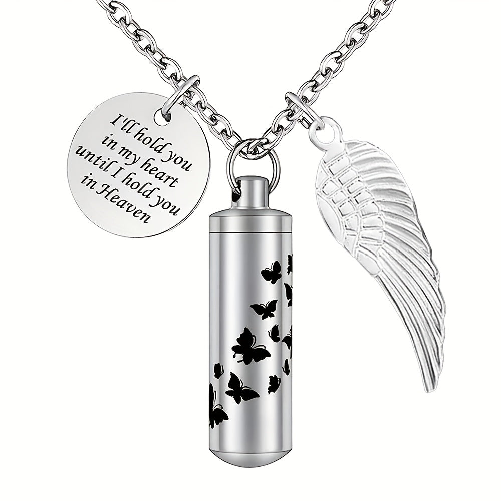 Cylinder Urn Necklace for Ashes - Stainless Steel Butterfly & Angel Wing Memorial Keepsake Pendant for Pet & Human Loss, Cremation Jewelry for Women, Men & Loved Ones (Silvery)