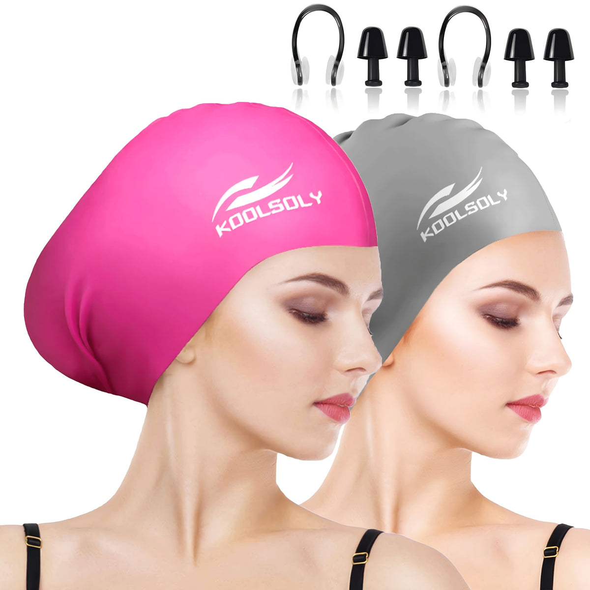 Silicone Swimming Cap 2-Pack with Ear Protection for Long Hair – Includes Earplugs & Nose Clip, Waterproof Swim Cap Set, 11 Color Options for Women, Men, and Adults