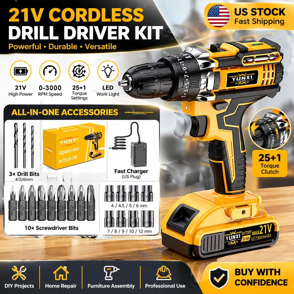 21V Cordless Impact Drill Set, 2.0Ah Battery & Fast Charger with Work Light, Variable Speed & Torque Adjustment, Electric Screwdriver Combo – Optional Storage Box for Car & Home Repair, DIY Men's Gift