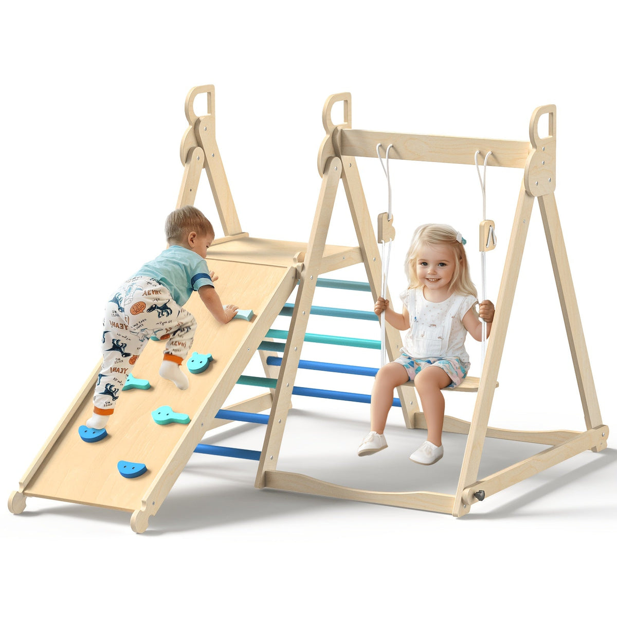 4-in-1 Indoor Wooden Jungle Gym for Toddlers & Kids, A-Frame Climbing Set with Swing, Slide, Climbing Wall & Ladder, Natural Wood Indoor Playground for Active Play & Motor Skill Development