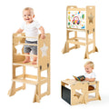 Weaning Table and Chair Set 4-in-1 Kids Learning Tower with Chalkboard & Whiteboard, Toddler Kitchen Step Stool, Converts to Easel & Step Stool, Natural Wood, Ages 1-5
