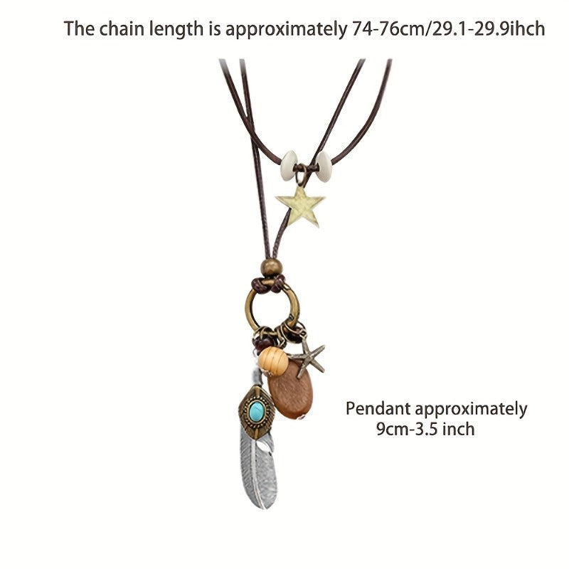 5-Piece Bohemian Layered Necklace Set for Women – Retro Boho Sweater Chain Y-Shaped Necklace with Feather, Leaf, Butterfly, and Star Pendants, Fashionable Stackable Jewelry Gift for Daily Wear and Banquets