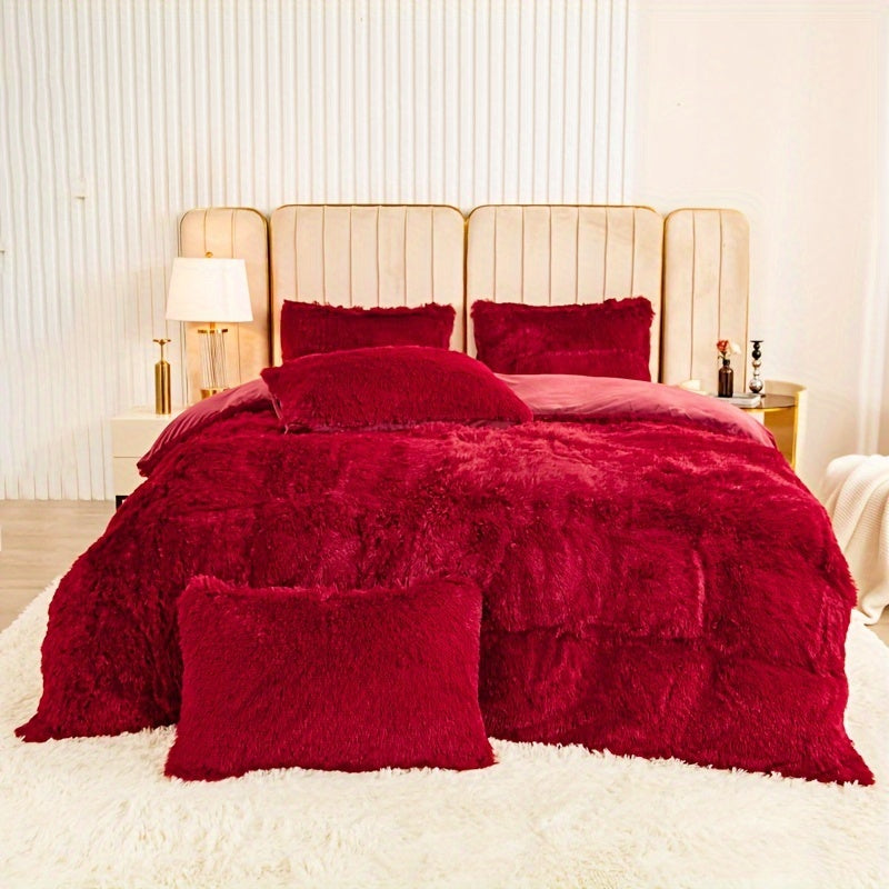 Plush Duvet Cover Set 3 Piece, Long Hair Knitted Polyester, Solid Color Fuzzy Comforter Cover with Zipper Closure, All-Season Soft Cozy Bedding Set for Bedroom, Multiple Colors Available