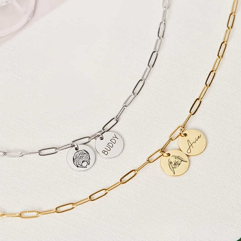Personalized Pet Portrait Necklace - Paperclip Chain Double Circle Pendant Engraved with Pet Portrait & Name, Custom Memorial Gift for Pet Lovers & Her, All-Season Wearable (Silver or Gold)