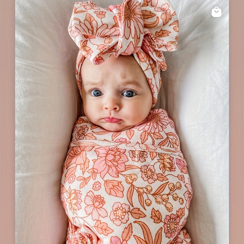2-Piece Baby Wrap & Headband Set, Soft Floral Baby Girl Hair Wrap & Headband Accessory Set, Safflower, Orange Blossom & Purple Flower