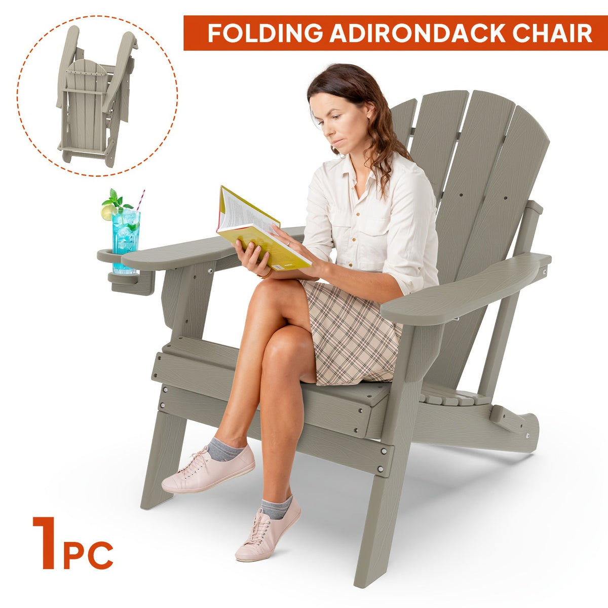 Folding Adirondack Chair with Cup Holder Portable Recliner Stainless Steel Frame Durable Plastic Easy Clean for Patio Poolside Garden Camping Set of 1 2 4 6