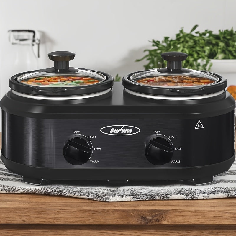 RoyalCraft Dual Slow Cooker & Buffet Server - 2 x 1.25QT Removable Ceramic Pots, Adjustable Temp, Stainless Steel Warmer for Parties & Entertaining - Black, Silver & Red