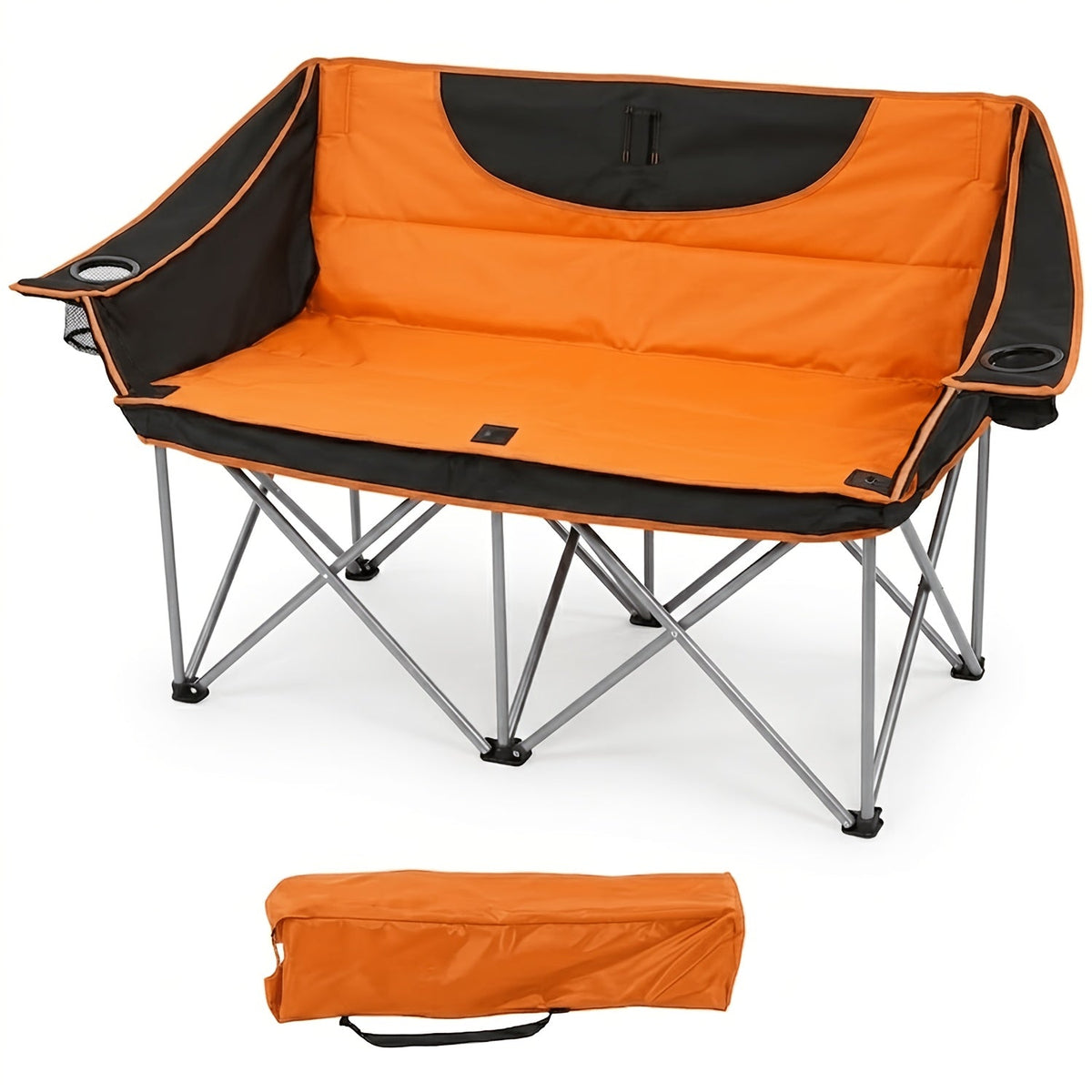 2-Person Oversized Camping Chair – Heavy-Duty Padded Outdoor Loveseat with Cup Holders Armrests & Carry Bag Portable Collapsible for Beach Picnic Backyard BBQ & Camping in Blue Beige Orange & Grey