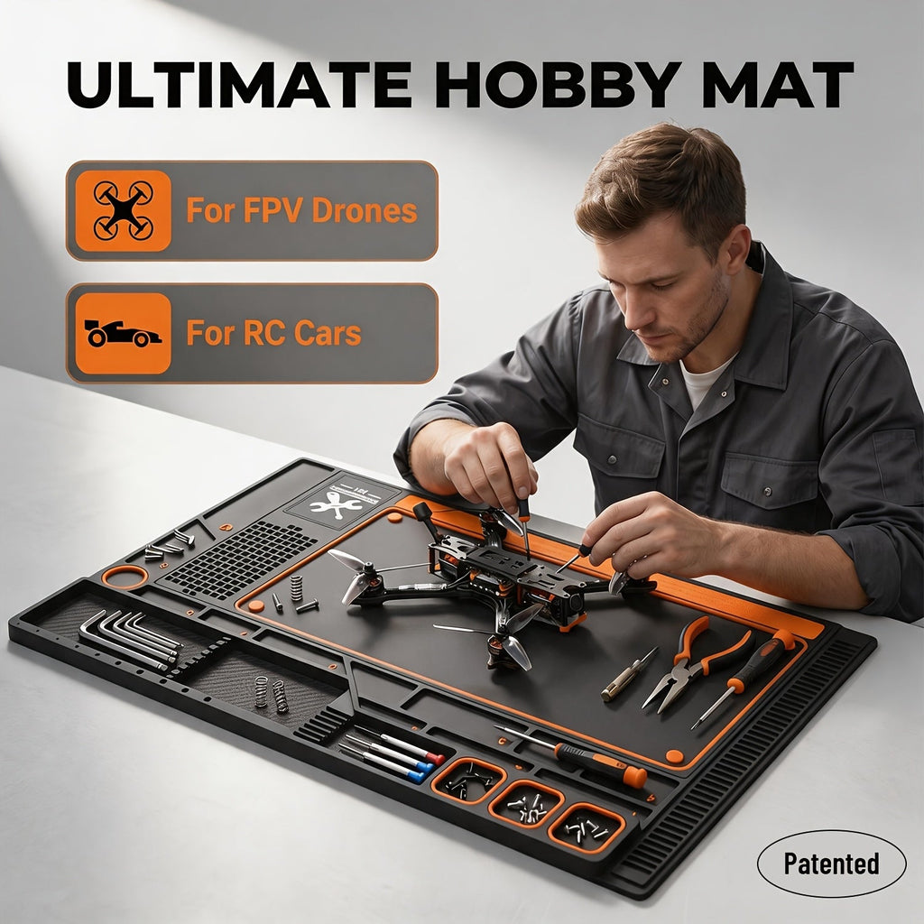 Modular Hobby Workbench Mat with Parts Sorting Trays - Non-Slip Desk Pad for RC Cars, FPV Drones & Electronics - Large, Grey-Orange, Black-Orange, Grey-Grey & Black-Blue