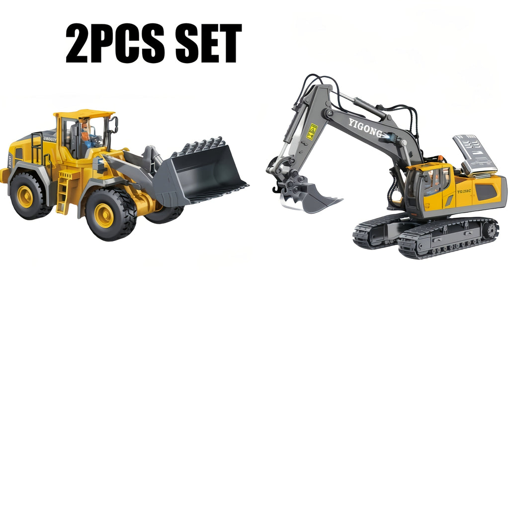 Remote Control Excavator Toy Set with Metal Shovel, LED Lights, 1200mAh Battery, RC Construction Truck, Bulldozer, Dump Truck, and Loader Combo for Boys Ages 6 and Up, Birthday or Christmas Gift